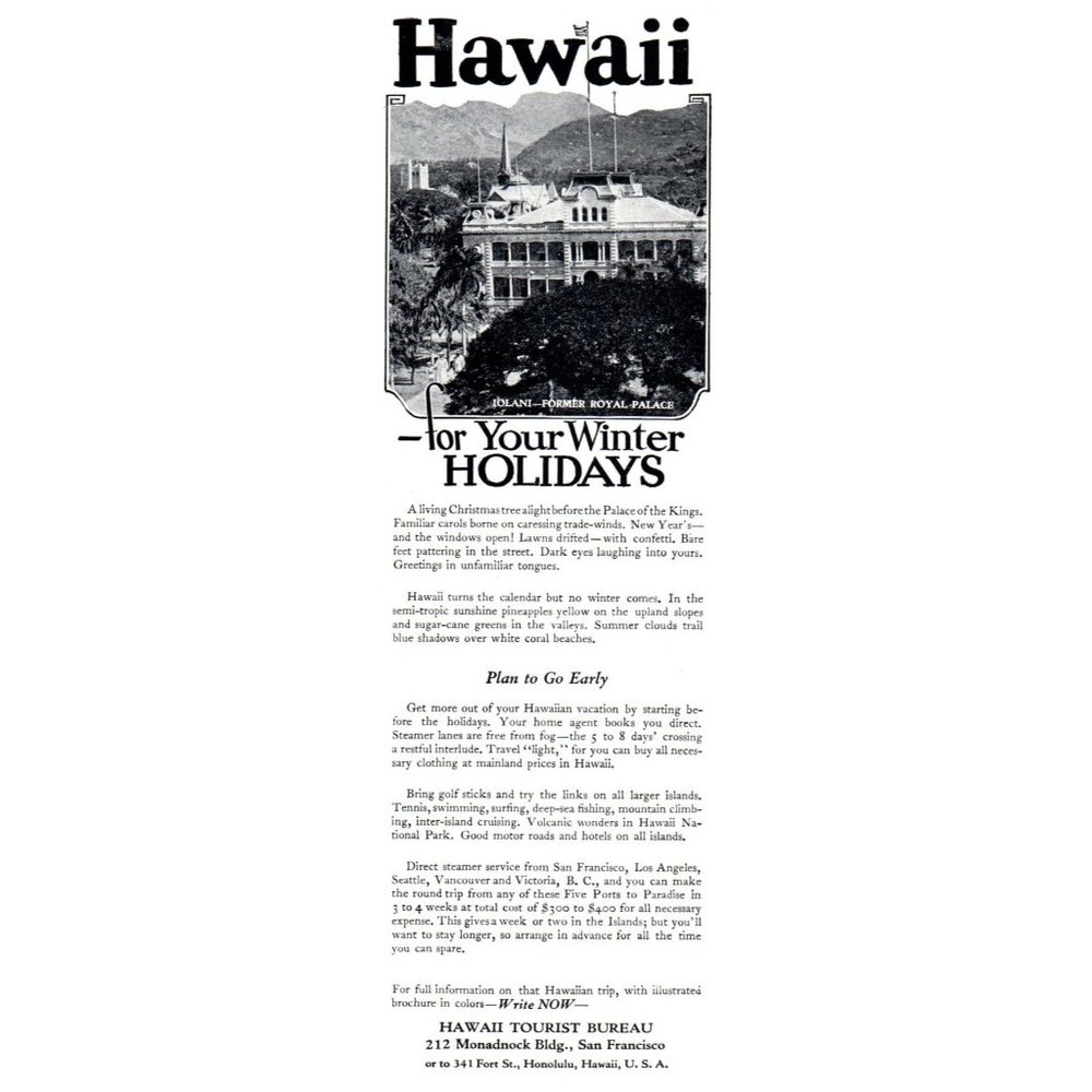 1924 Hawaii Vacation Holiday Travel Vintage Print Ad Iolani Royal Palace Photo